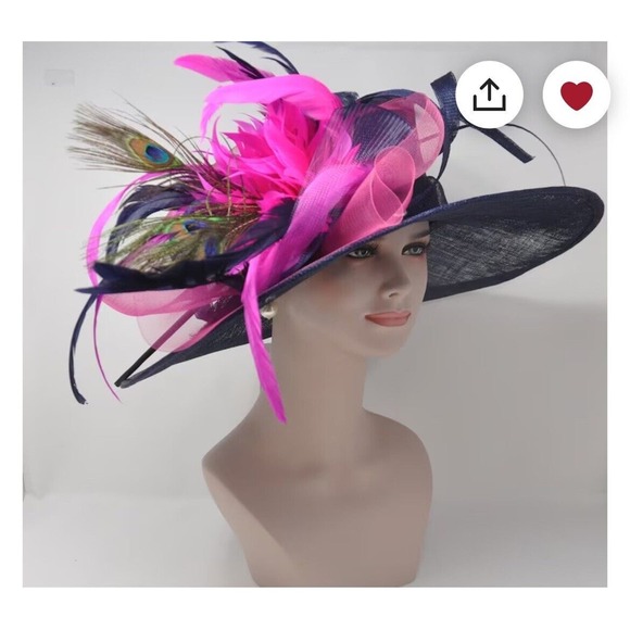 Women’s Kentucky derby tea Party Wide Brim Navy pink Flowers Feathers Hat - Picture 9 of 11